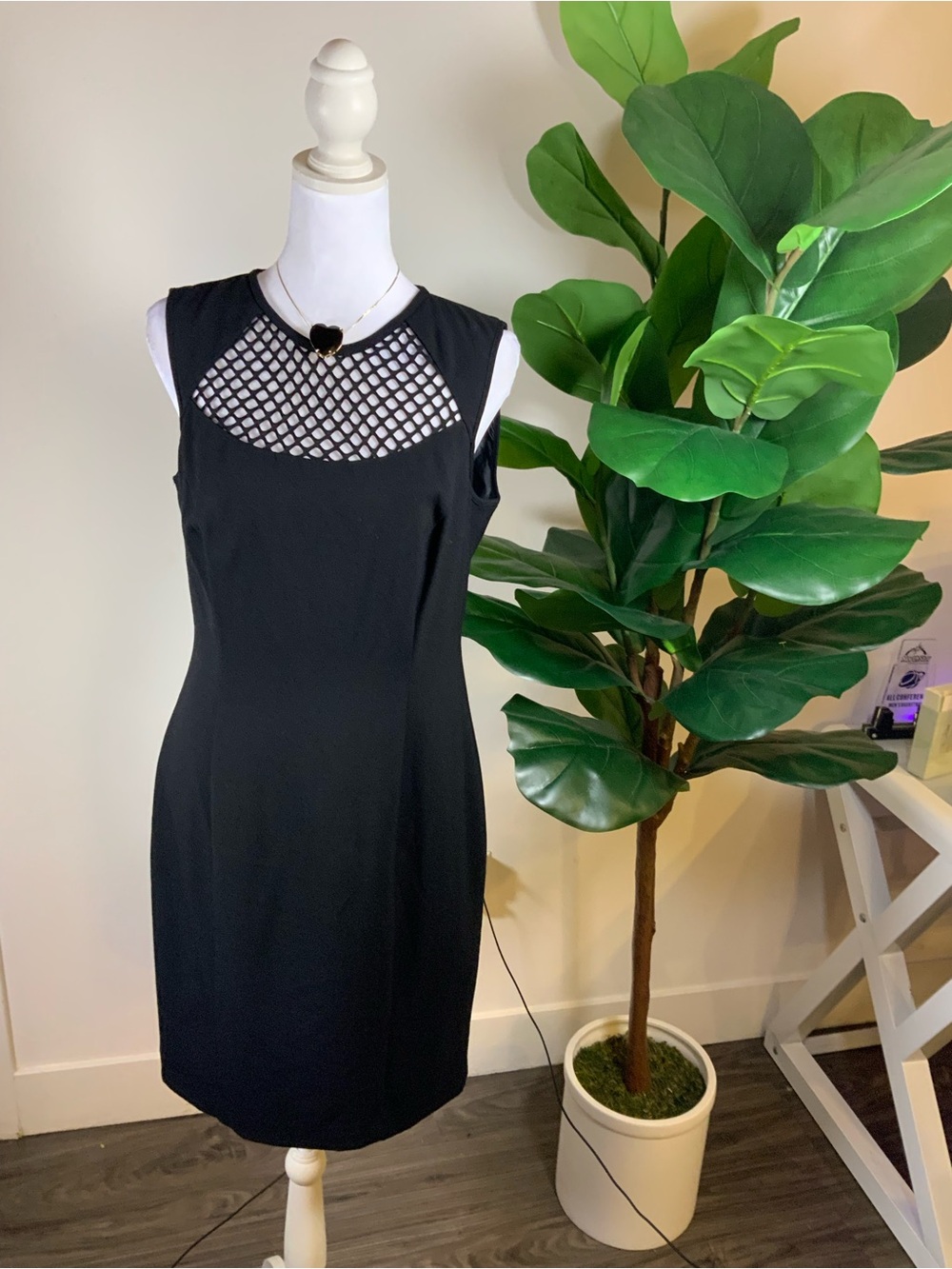 Calvin Klein Black Sleeveless Dress with Mesh Lattice Yoke